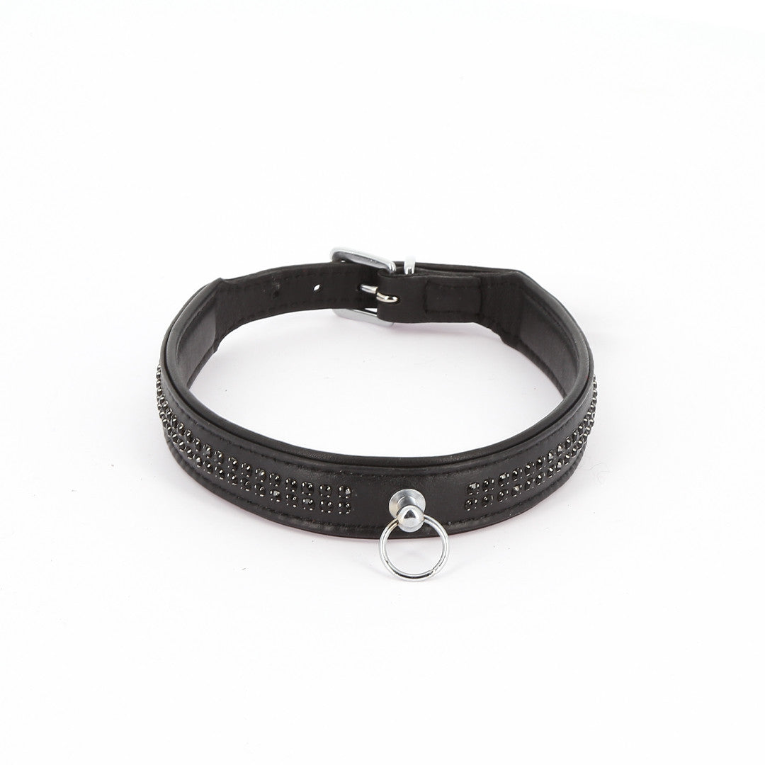 Collier Cuir 2 rangées strass noir