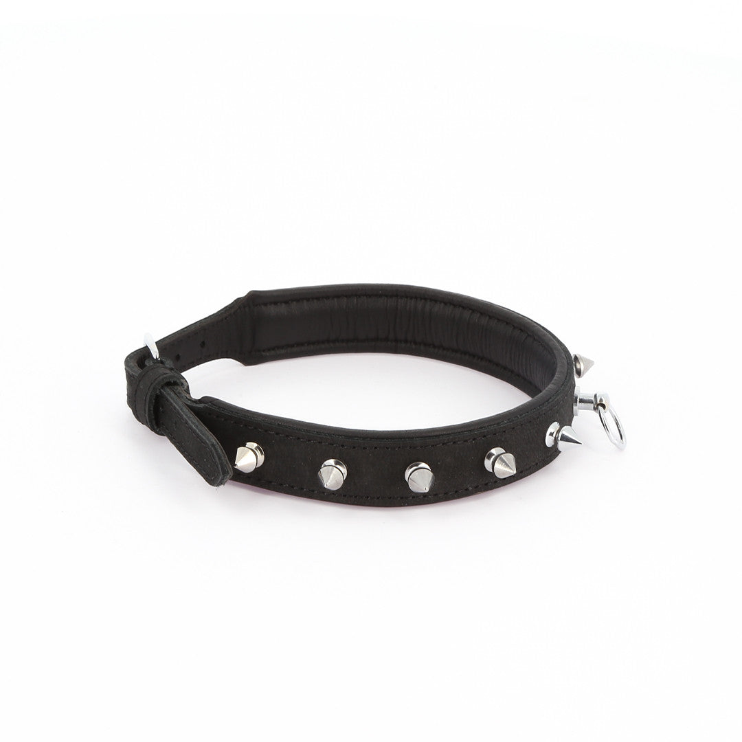 Collier Cuir Piques et Anneau Noir