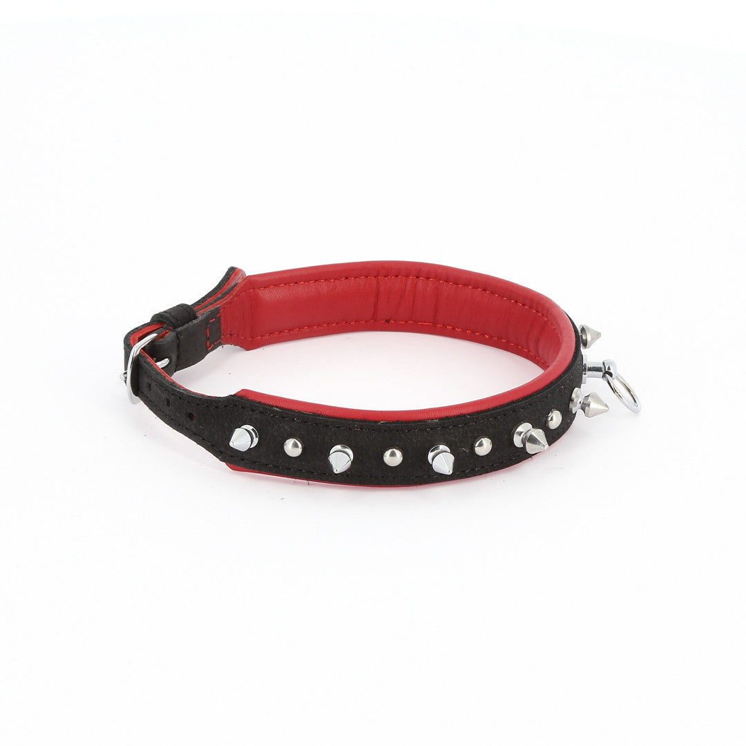 Collier Cuir Piques et Rivets Noir Rouge