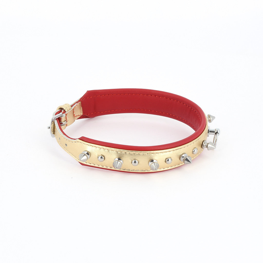 Collier Cuir Piques et Rivets Or Rouge