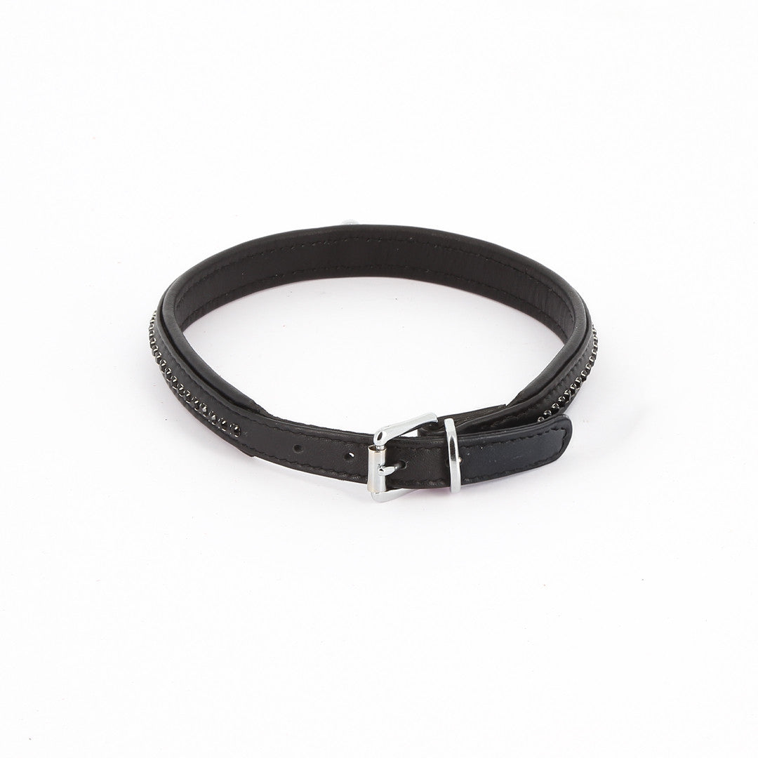 Collier Cuir Rangée Strass Noir