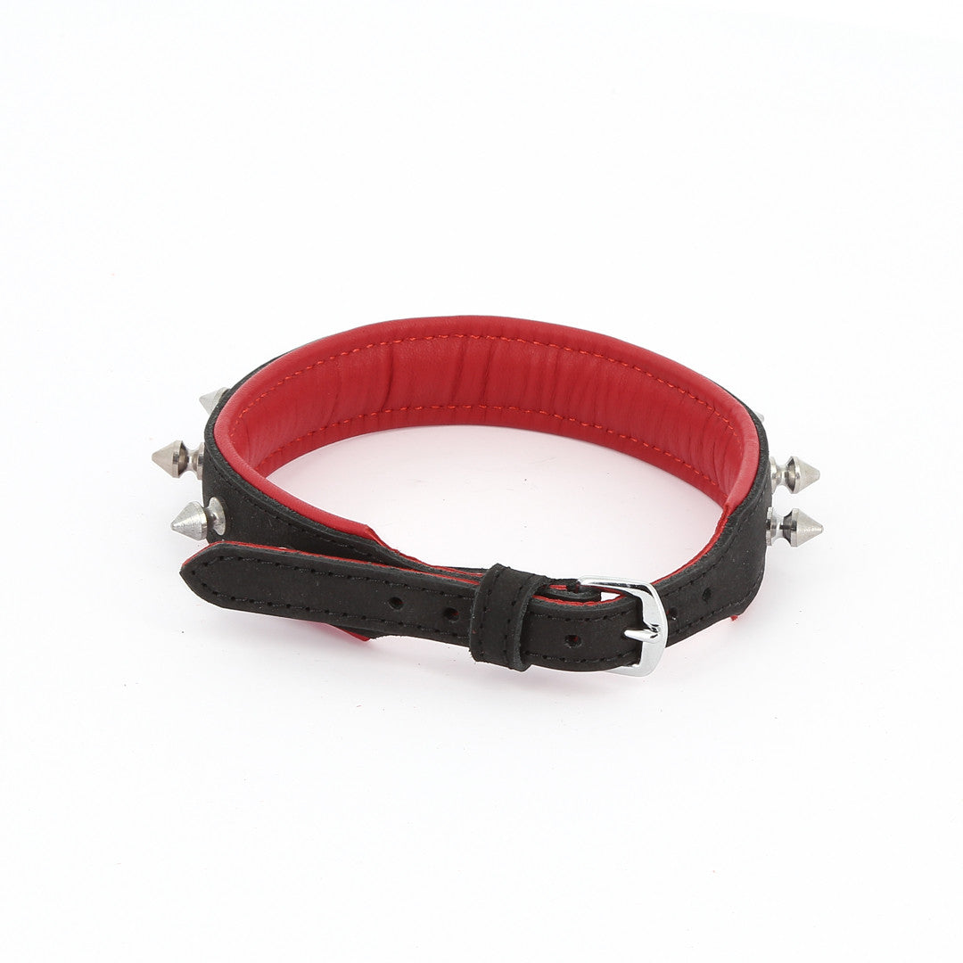 Collier Cuir Piques et Anneau Noir/rouge