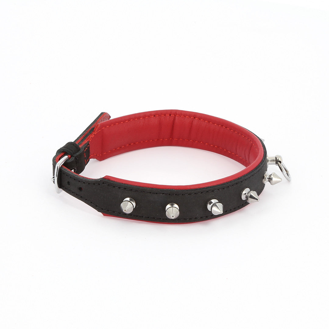 Collier Cuir Piques et Anneau Noir/rouge