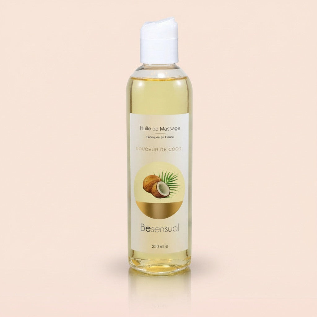 Be Sensual Cosmétiques Huile de Massage Sèche Coco Flacon Ouvert Vue de Face Fond Blanc - Noix-de-coco - 1