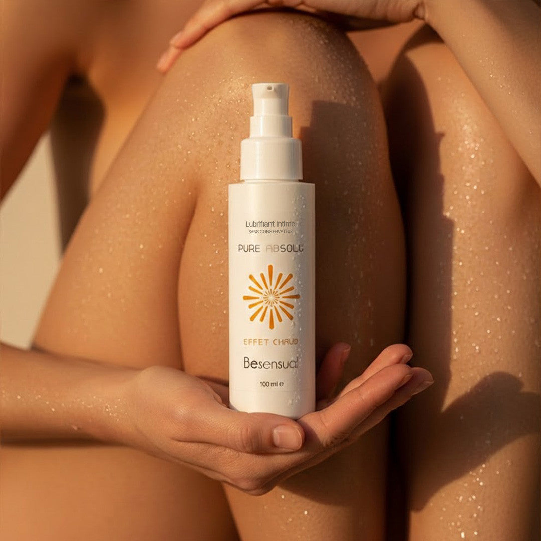 Be Sensual Cosmétiques Lubrifiant à base d'eau Effet Chaud Packaging et Flacon Vue de Face fond Blanc