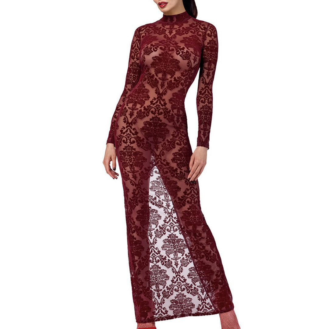 Robe Longue Fendue en Tulle Floqué