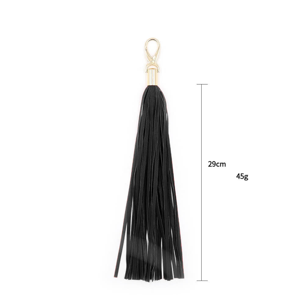 Be Bondage Petit Porte Clé Fouet Similicuir Noir Doré Vue de Face avec Mesures
