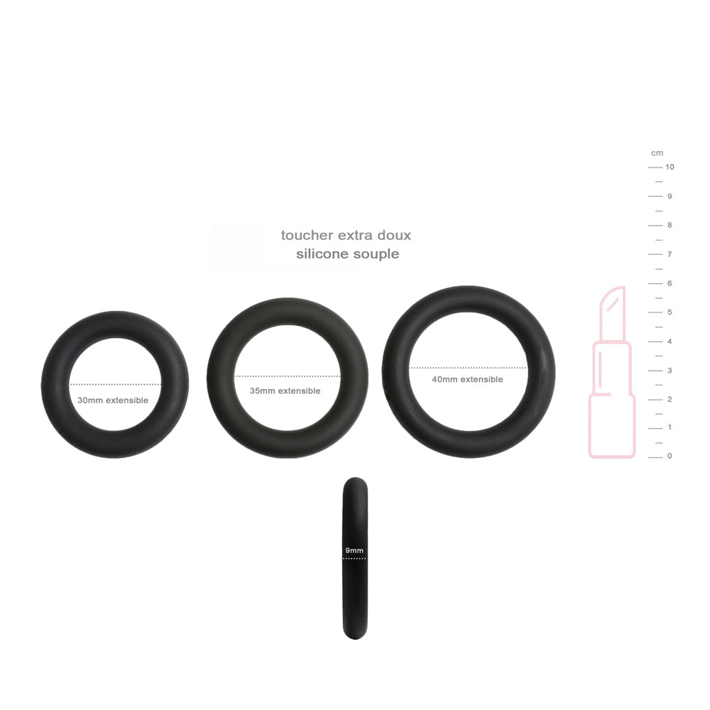 Be Happy Trio Cockrings Anneaux Pénis Noir Silicone Érection Renforcée Éjaculation Retardée Dimensions Produits