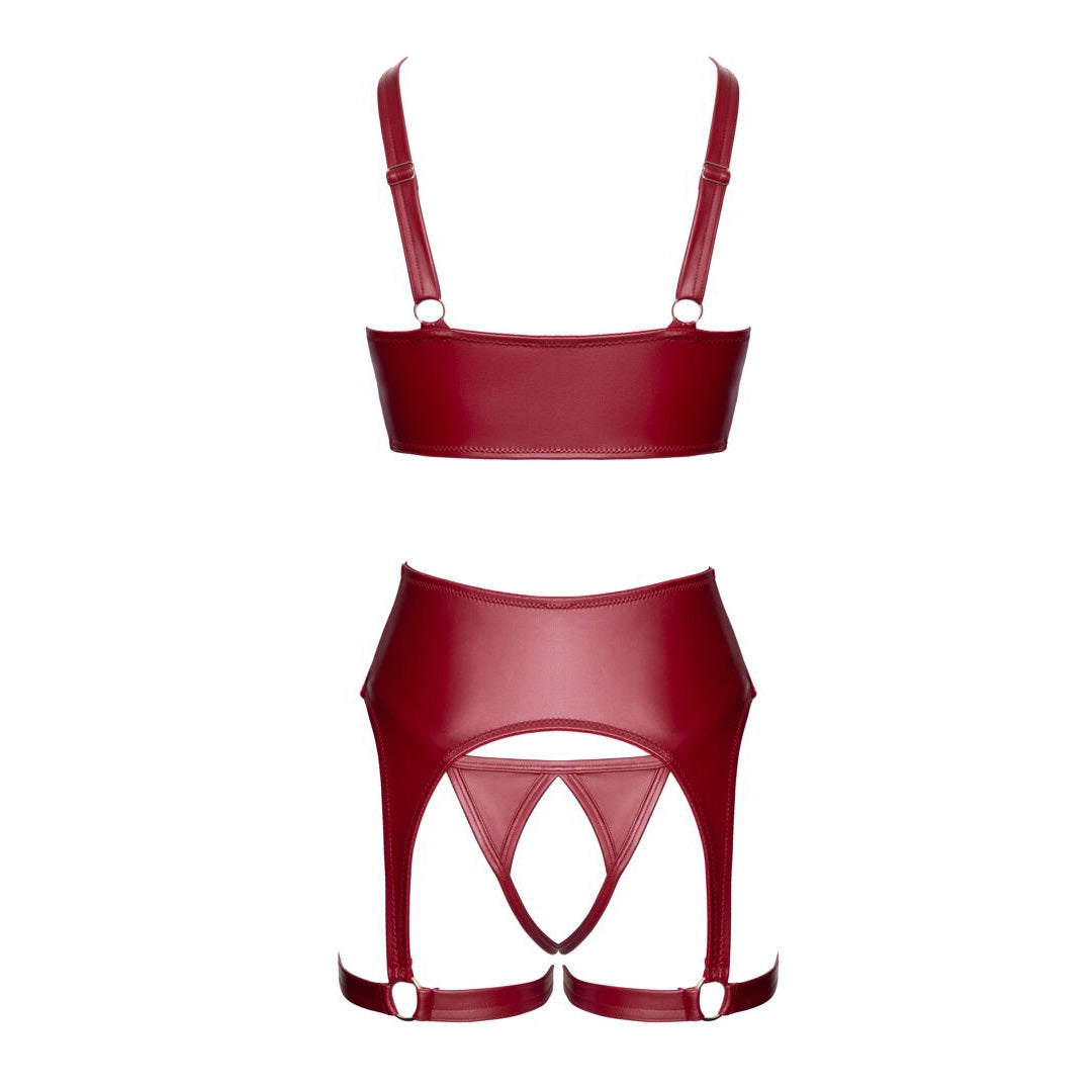 Ensemble 3 pièces soutien-gorge et culotte ouverte rouge
