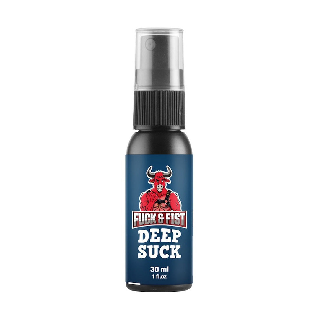 Spray gorge profonde Deep Suck Fuck & Fist 30 ml, flacon noir à étiquette bleue