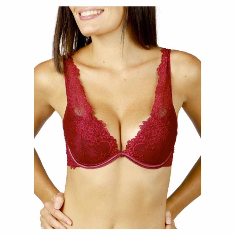 Soutien-Gorge Dahalia Valège Décolleté Push Up Dentelle Bretelles Modulables Bordeaux Acajou Vue de Face