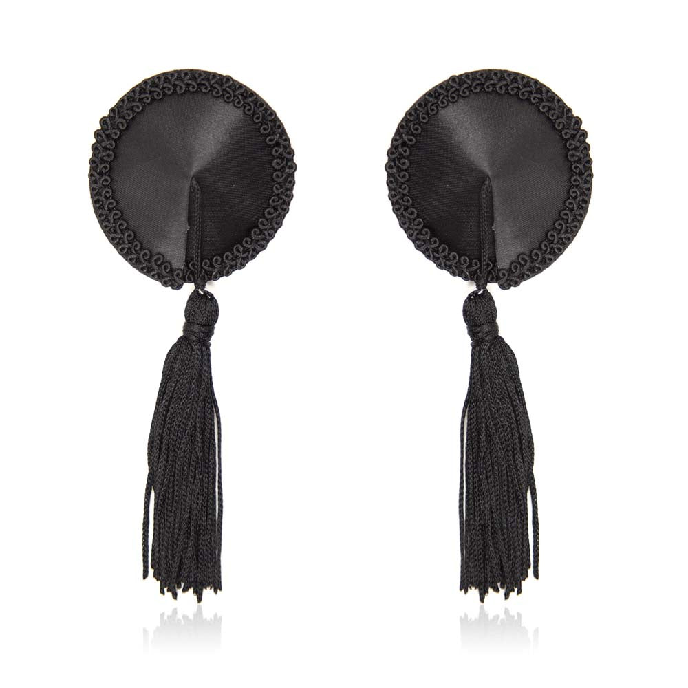 Be Bondage Cache Tétons Ronds Satin et Pompons Noirs Vue de Face