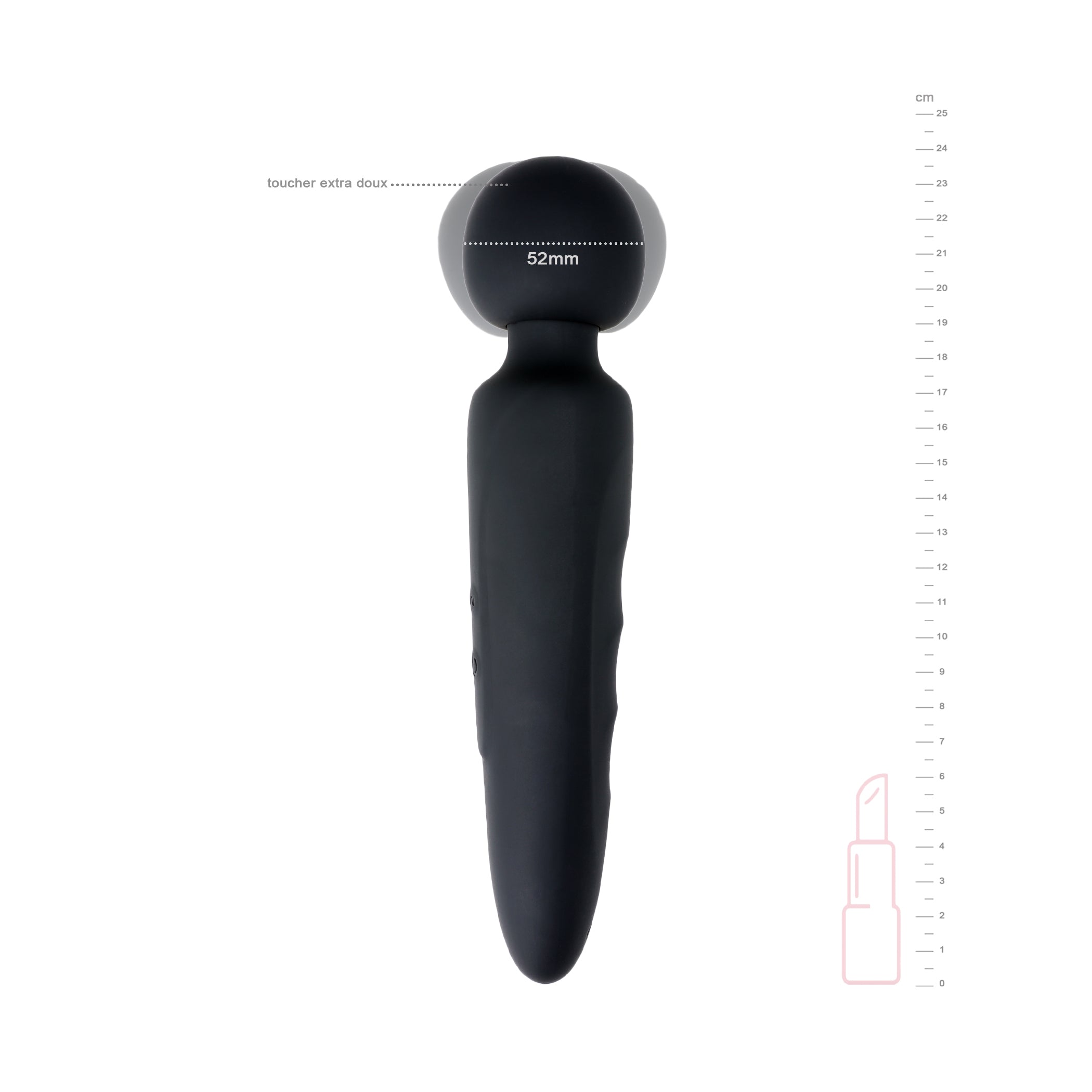 vibromasseur wand feroce noir avec indication des dimensions et diametre de la tete