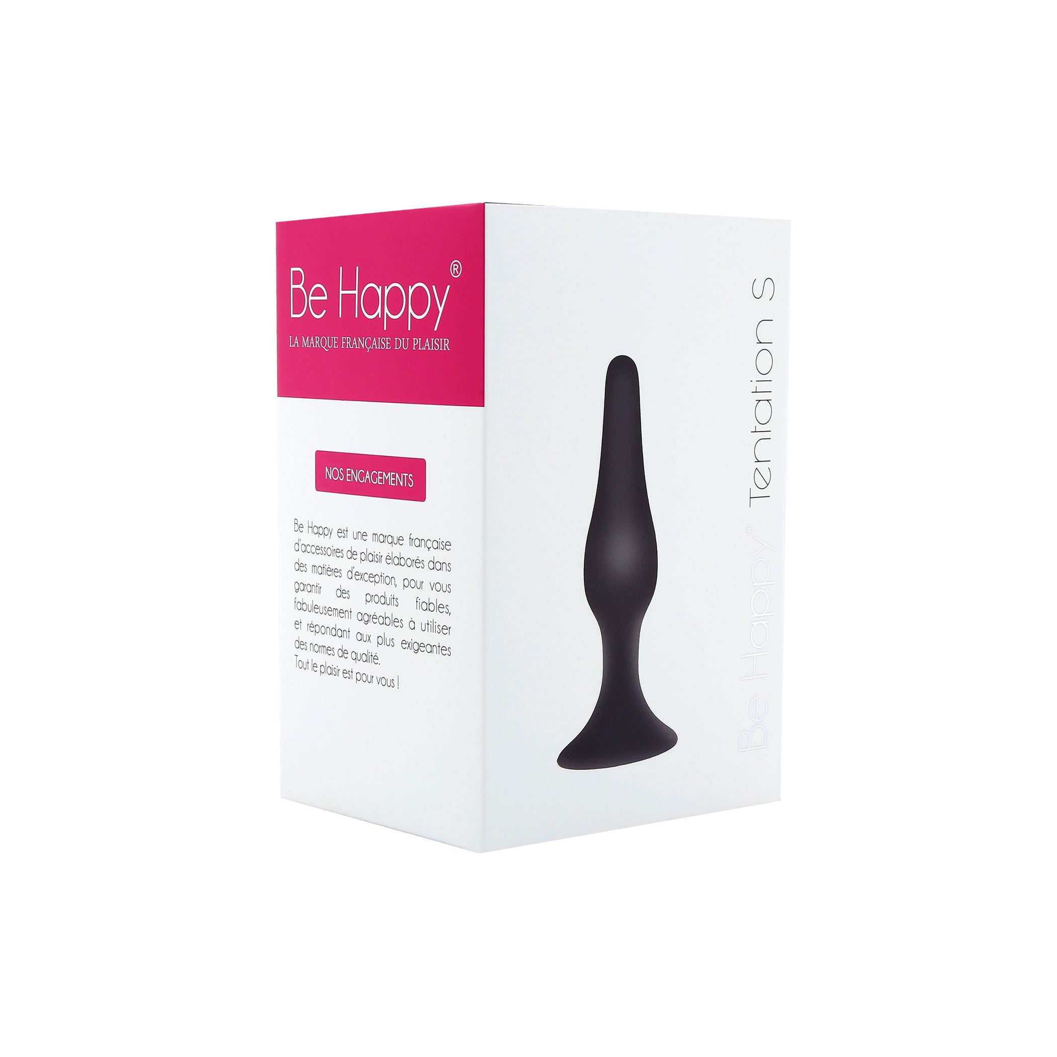 Be Happy Tentation Plug Anal Débutant Silicone Noir packaging Vue de Face En Biais