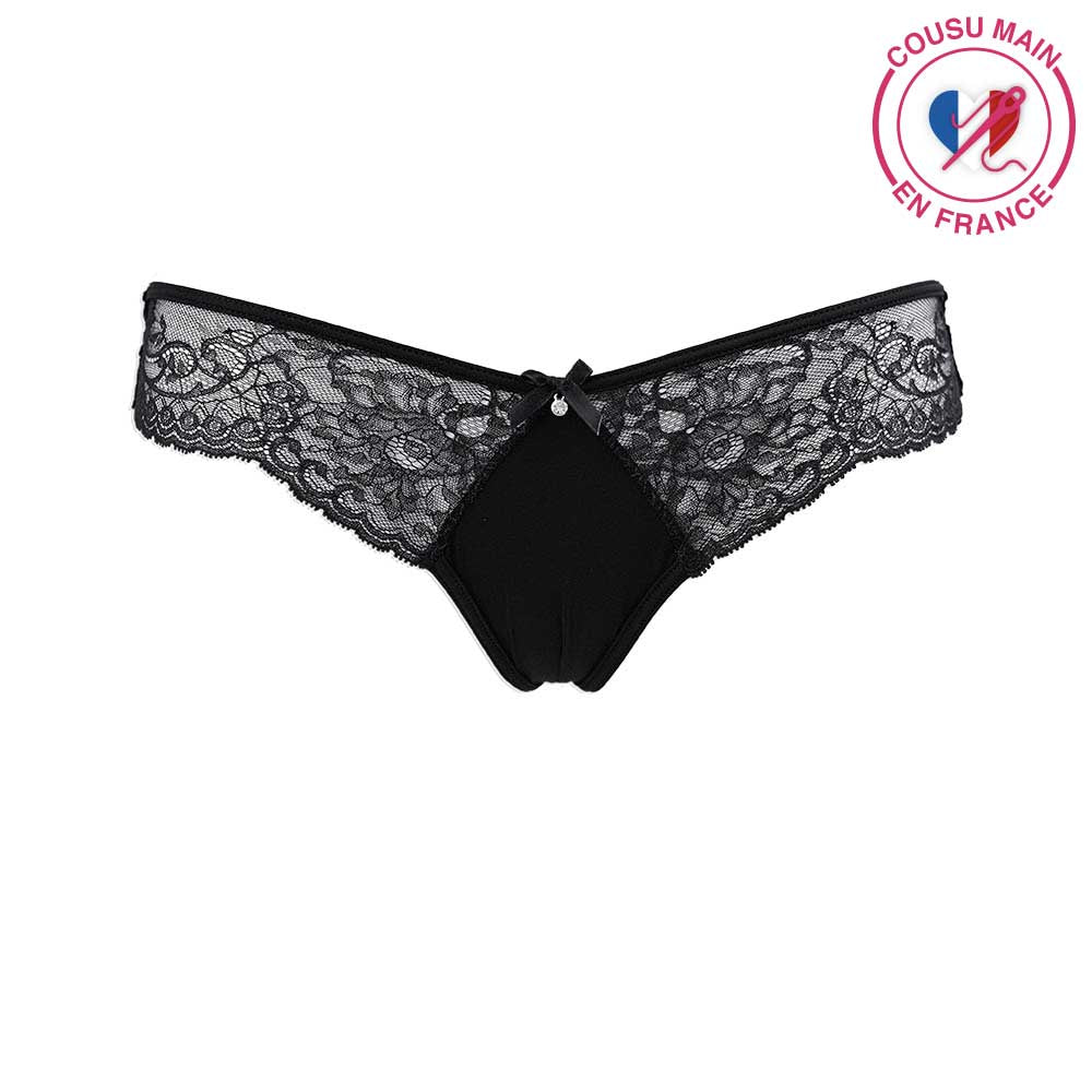 Tanga sexy en dentelle noire proposé par la maison de couture Française Luxxa