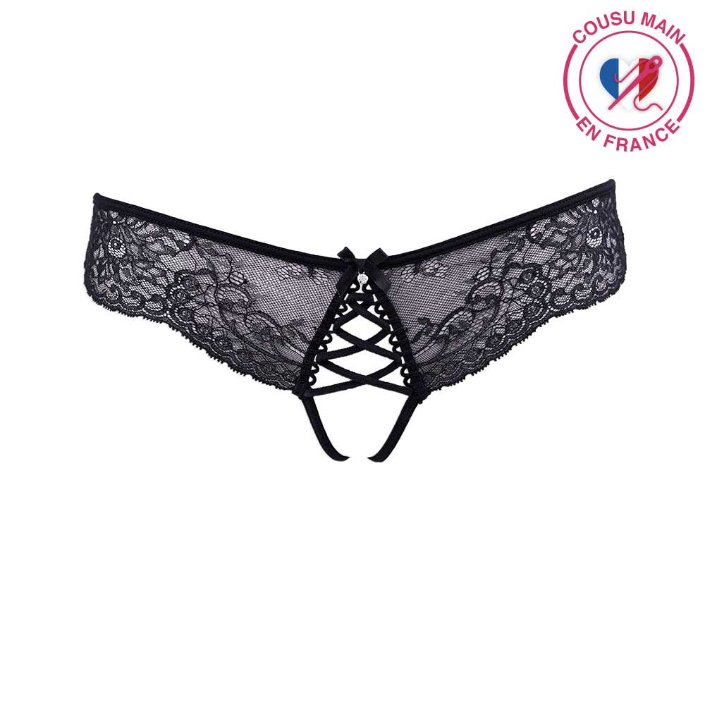 Tanga sexy ouvert en dentelle noire proposé par la maison de couture Française Luxxa