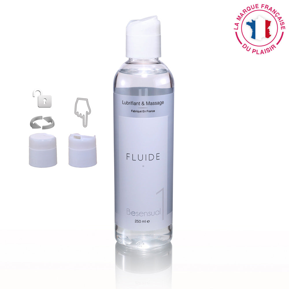 Be Sensual Lubrifiant Original Fluide Karité et Silicone Flacon ouvert zoom bouchon sécurité Vue de face fond blanc