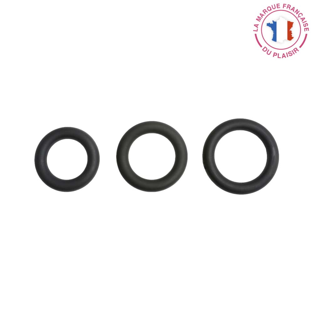 Be Happy Trio Cockrings Anneaux Pénis Noir Silicone Érection Renforcée Éjaculation Retardée Vue de Face