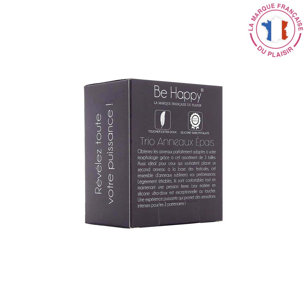 Be Happy Trio Cockrings Anneaux Pénis Noir Silicone Érection Renforcée Éjaculation Retardée Packaging Vue de Dos