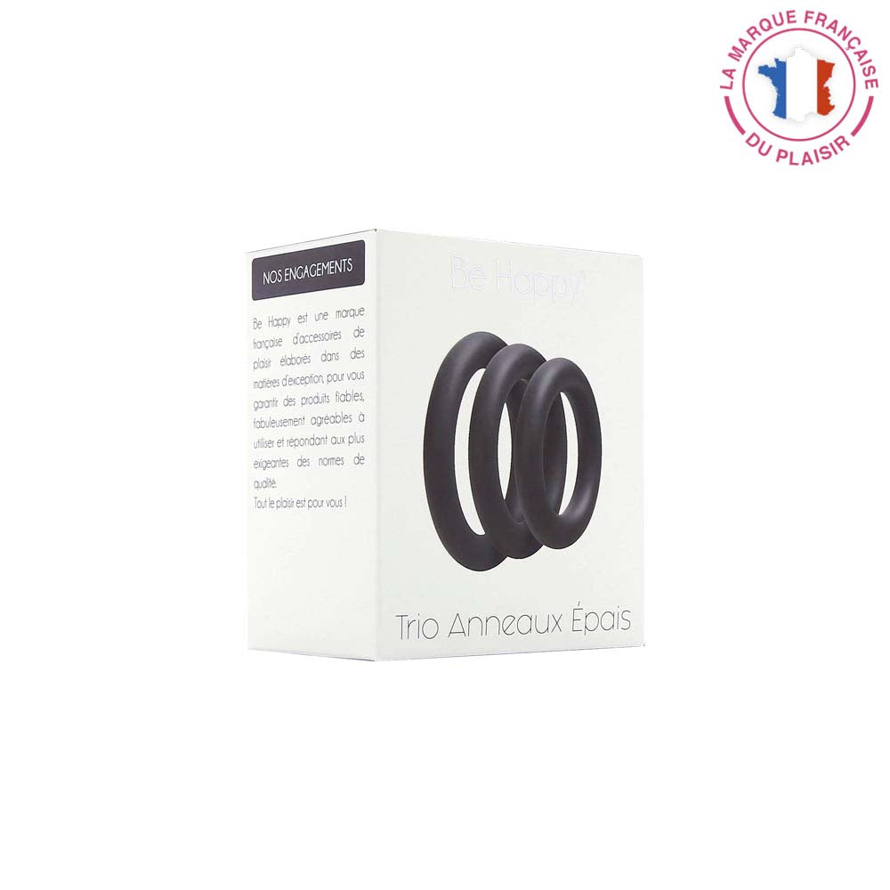 Be Happy Trio Cockrings Anneaux Pénis Noir Silicone Érection Renforcée Éjaculation Retardée Packaging Vue de Côté