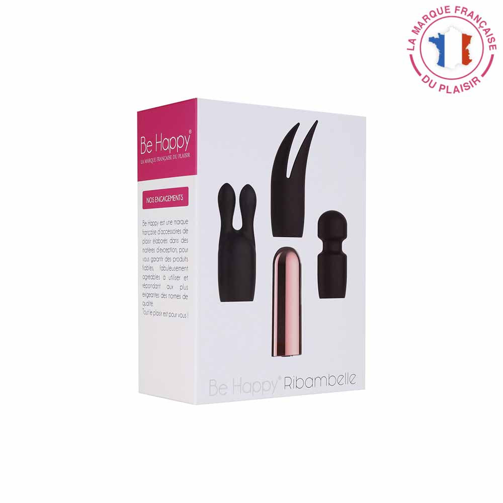 be happy- stimulateur clito lèvres vibrant 3 en 1 noir et doré avec accessoires - boite recto