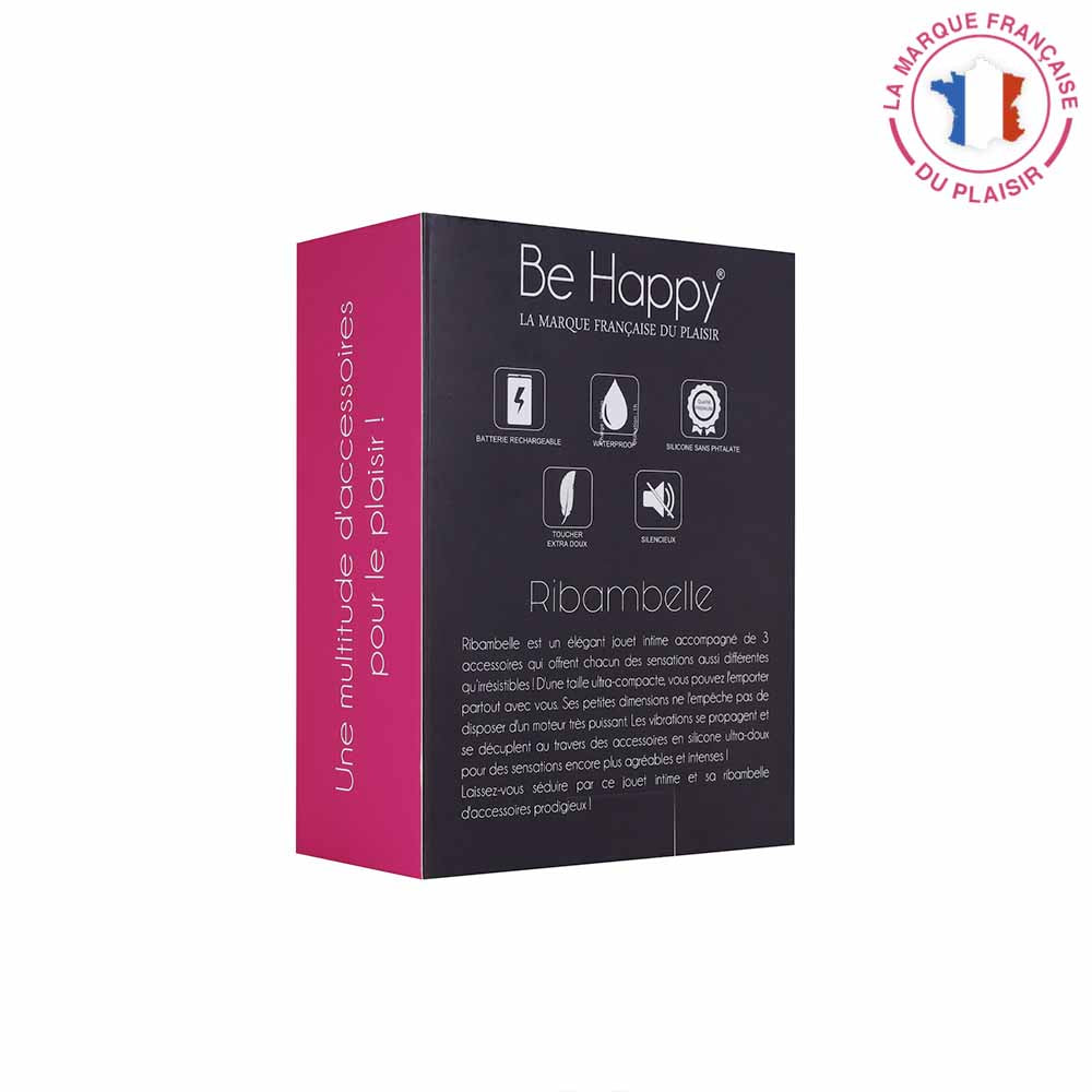 be happy- stimulateur clito lèvres vibrant 3 en 1 noir et doré avec accessoires - boite vue de dos