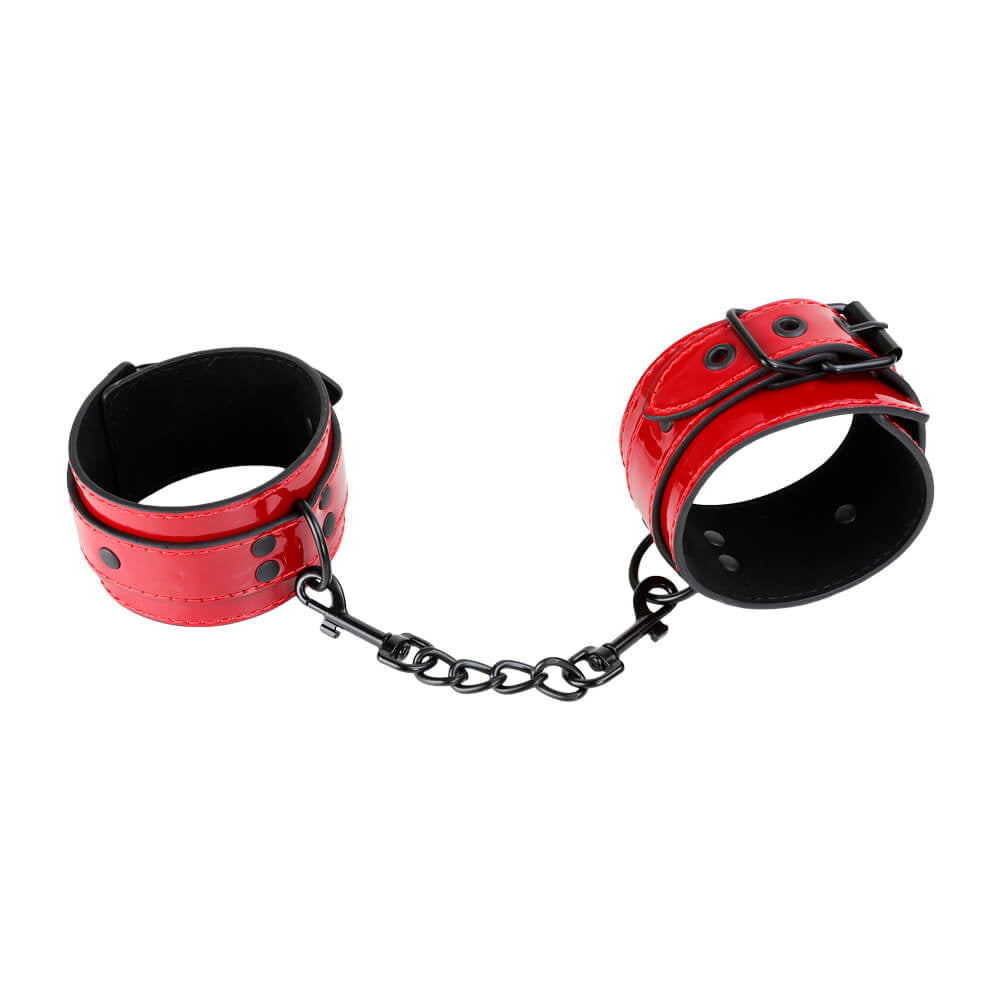 Be Bondage Entraves bicolore Rouge Noir Similicuir et Métal BDSM Soft Jeux Couple  Vue de Face