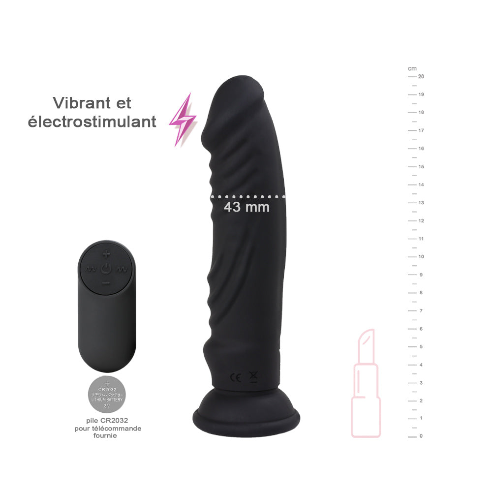 Dimensions et fonctionnalités - Be Happy Vibromasseur Electrostimulation Réaliste Nervuré Silicone Noir