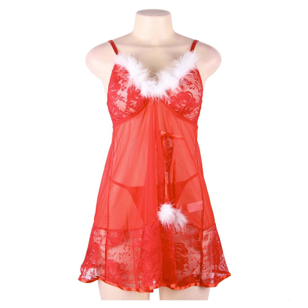 Sensual Lingerie Nuisette String Christmas Day Rouge Blanc Transparente Dentelles Vue de Face