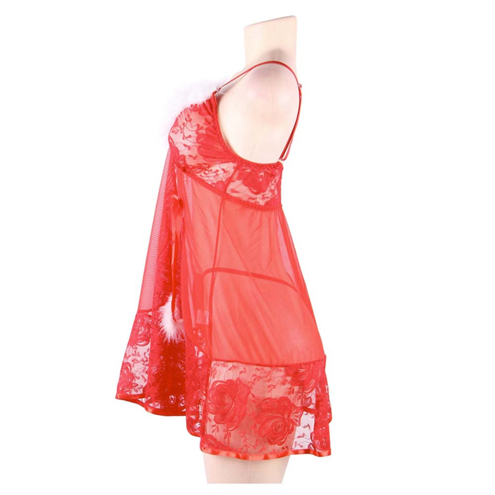 Sensual Lingerie Nuisette String Christmas Day Rouge Blanc Transparente Dentelles Vue de Profil