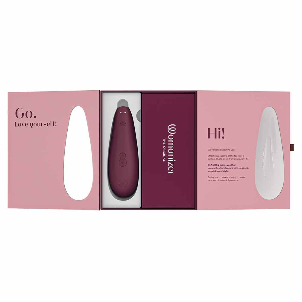 Womanizer Classic 2 Aspiration Succion Silicone Bordeaux Packaging Ouvert Vue de Face