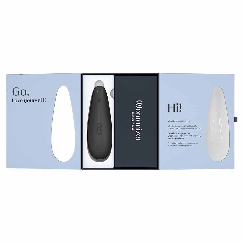 Womanizer Classic 2 Aspiration Succion Silicone Noir Packaging Ouvert Vue de Face