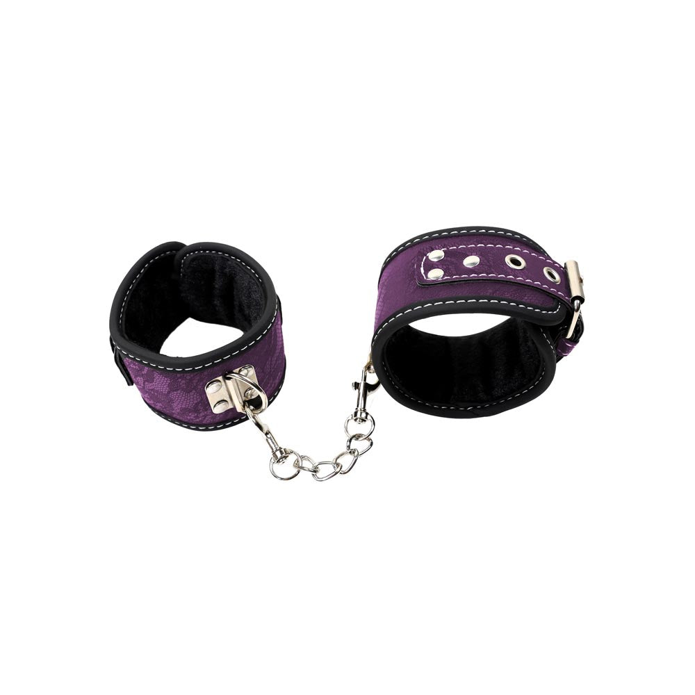 Be Bondage Coffret Fetish Kit Complet BDSM Soft Violet 9 accessoires Entraves Poignets Vue de Face