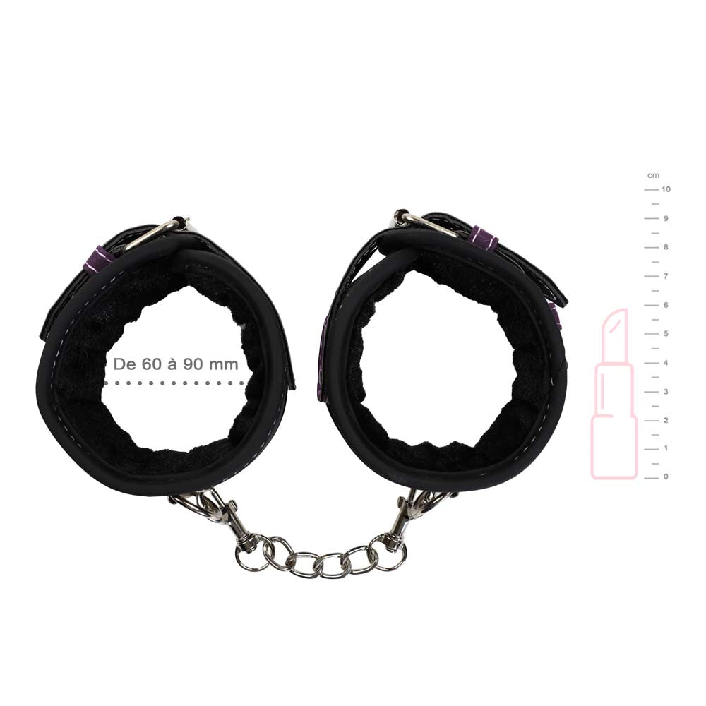 Be Bondage Coffret Fetish Kit Complet BDSM Soft Violet 9 accessoires Entraves Chevilles Vue de Face avec Mesures