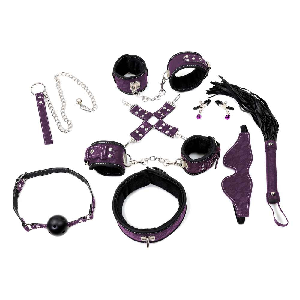 Be Bondage Coffret Fetish Kit Complet BDSM Soft Violet 9 accessoires Ensemble vue de haut