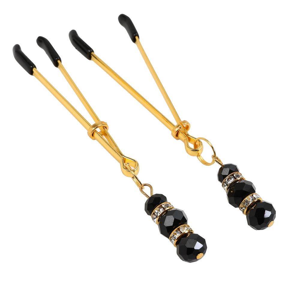 Be Bondage Pinces à Tétons BDSM 3 Billes Bijoux Noires et Dorées Vue de Face avec Mesures