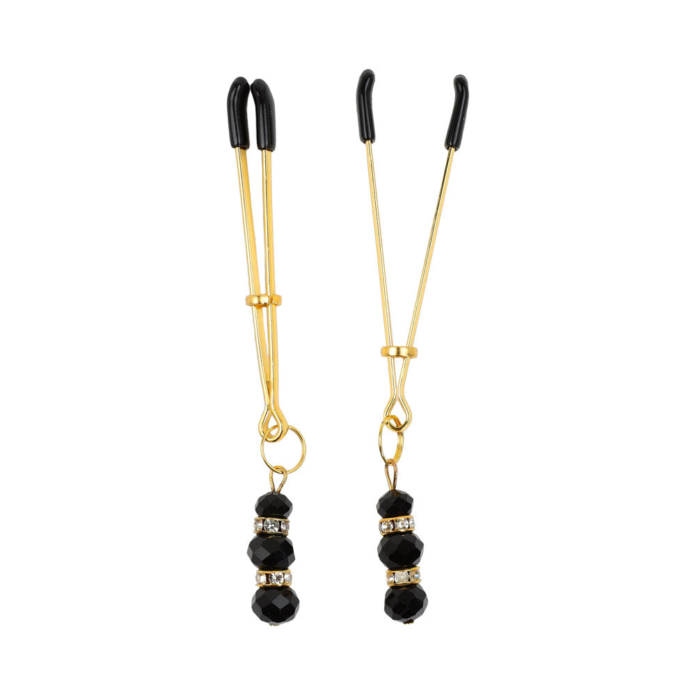 Be Bondage Pinces à Tétons BDSM 3 Billes Bijoux Noires et Dorées Vue de Face