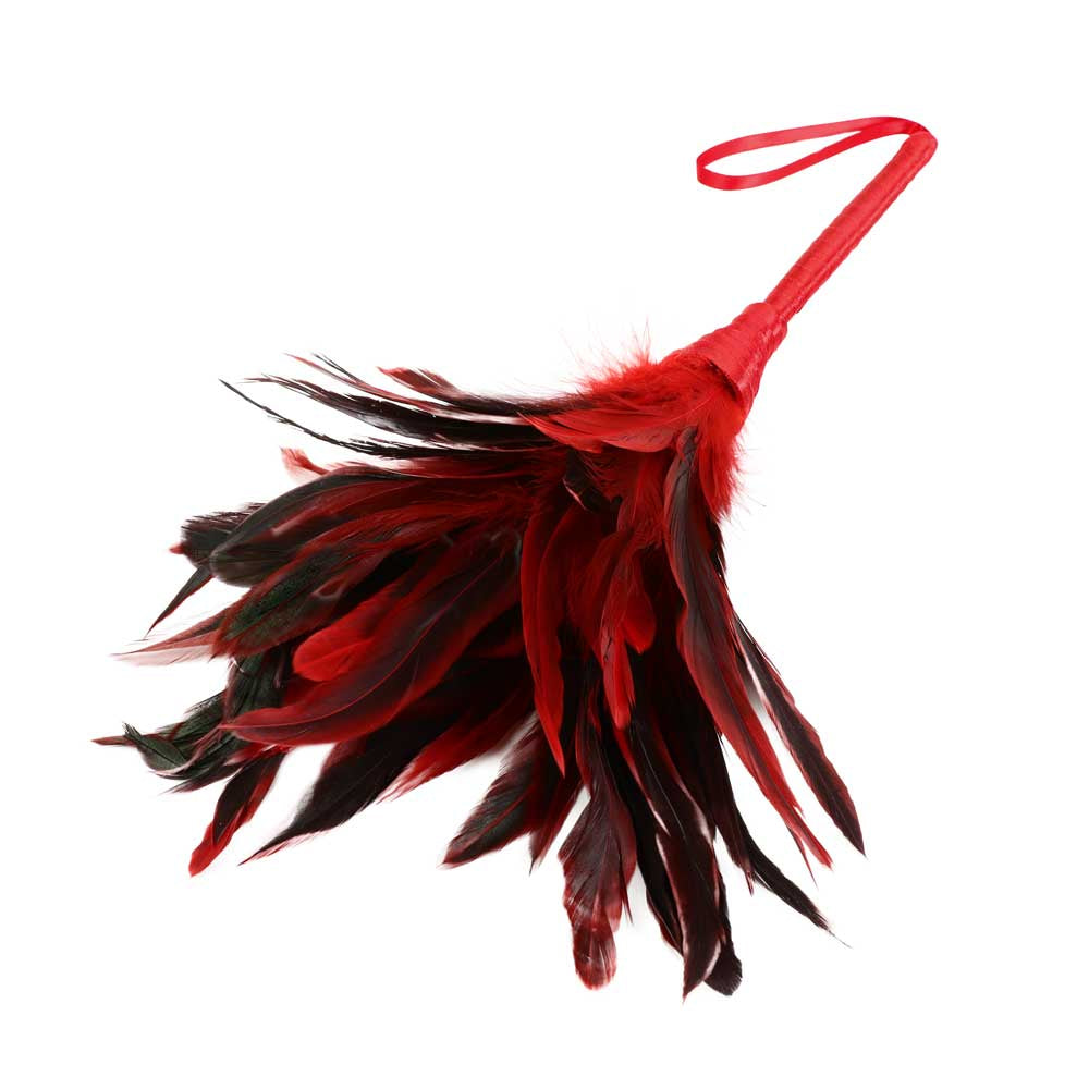 Be Bondage Plumeau Bicolore à Caresses Sensuelles 35 cm Manche Rouge Vue Rapprochée sur Plumes