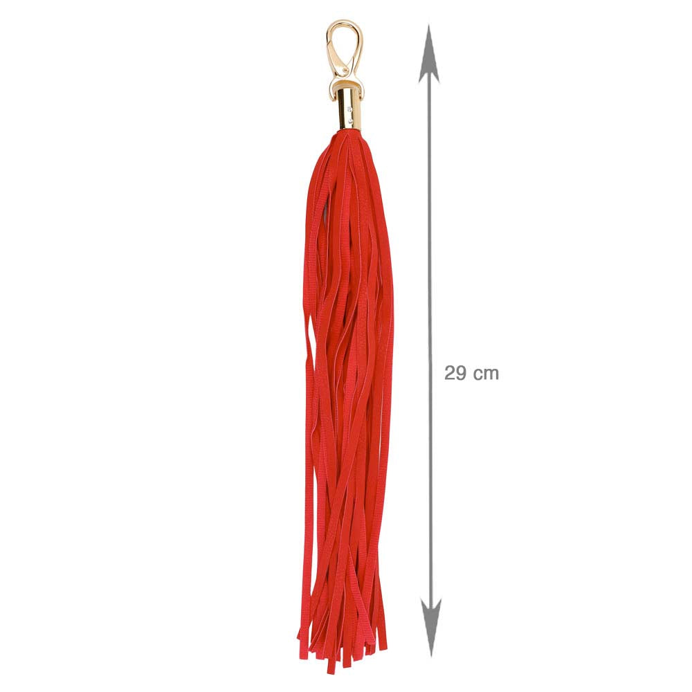 Be Bondage Petit Porte Clé Fouet Similicuir Rouge Doré Vue de Face avec Mesure