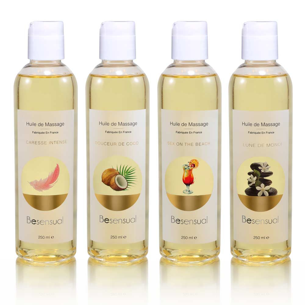 Be Sensual Cosmétiques Huile de Massage Sèche Caresse Monoï Flacons Vue de Face Fond blanc