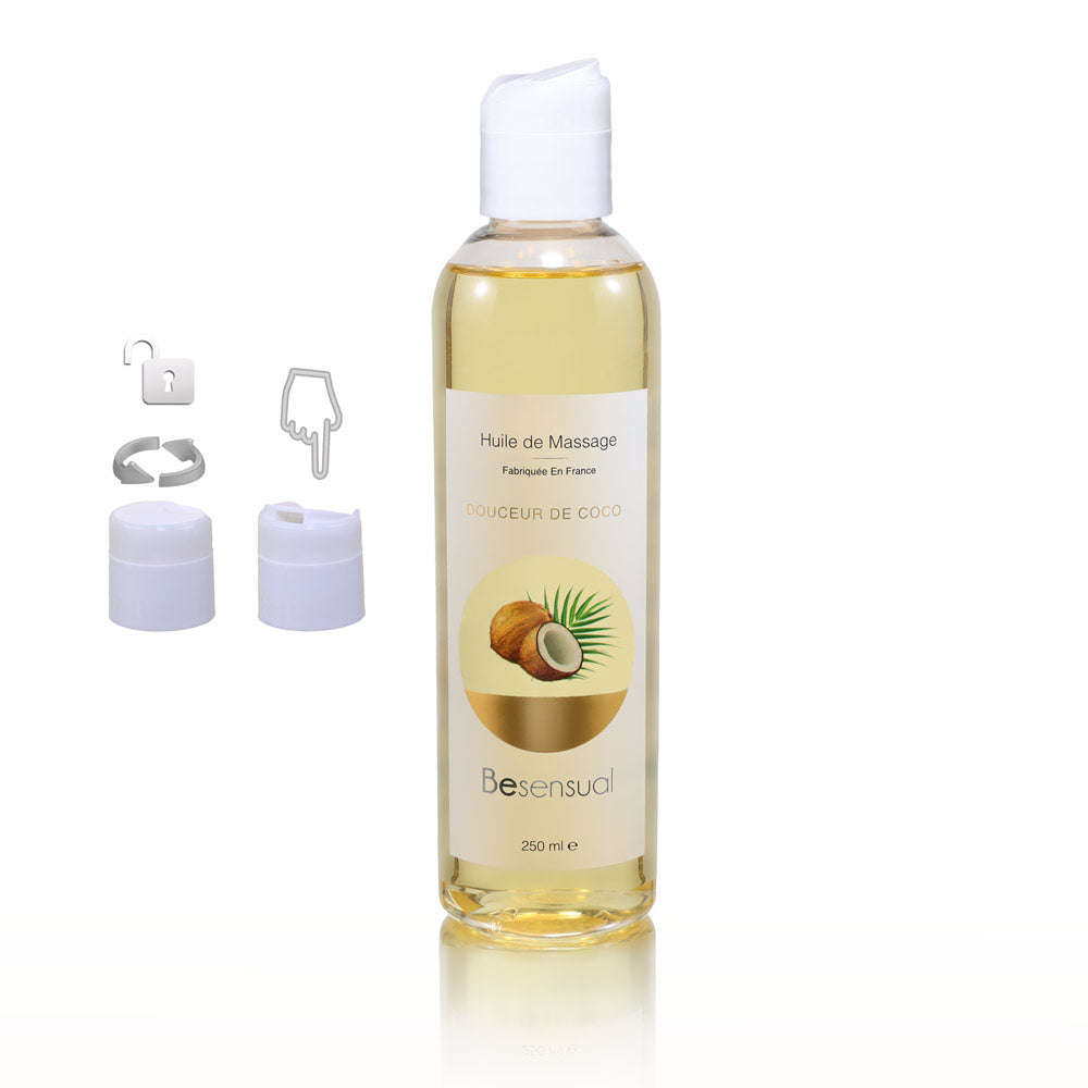 Be Sensual Cosmétiques Huile de Massage Sèche Coco Flacon Vue de Face Zoom Bouchon Sécurité Fond Blanc - Noix-de-coco - 6