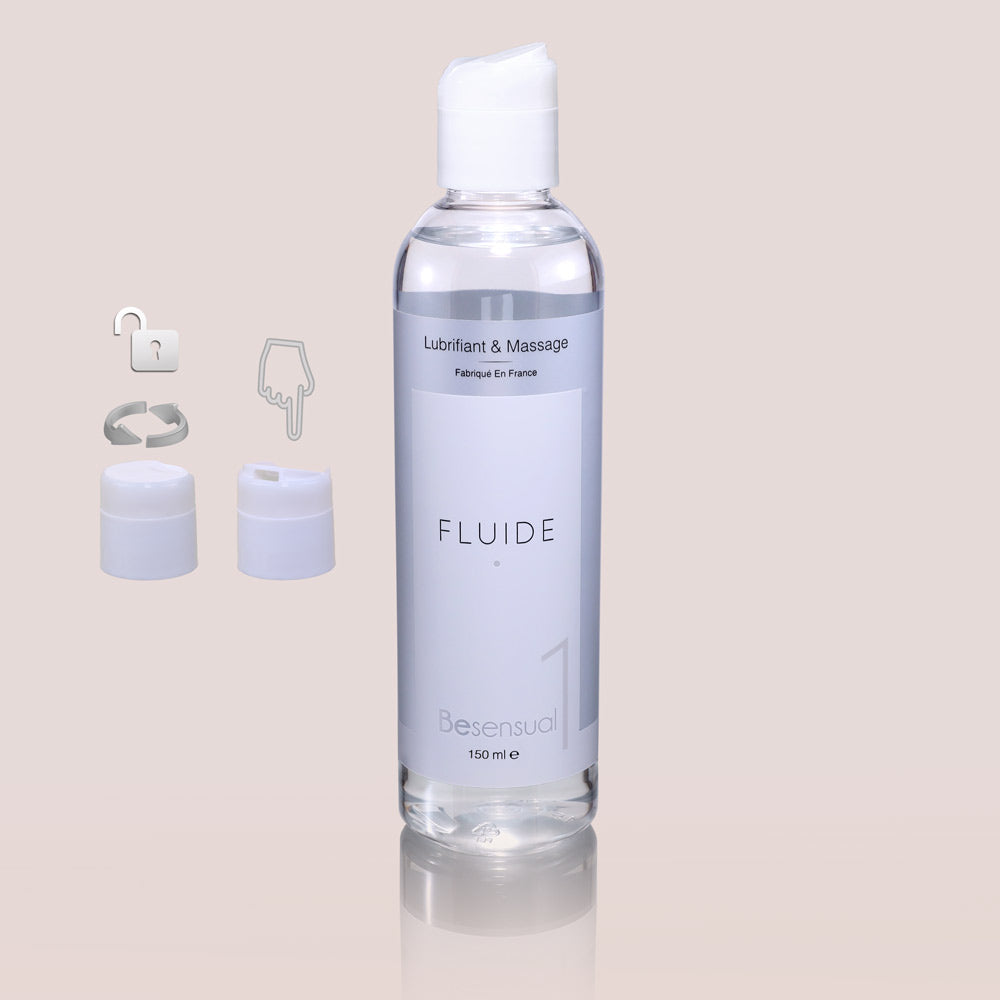 Be Sensual Lubrifiant Original Fluide Karité et Silicone Flacon ouvert zoom bouchon sécurité Vue de face fond rose