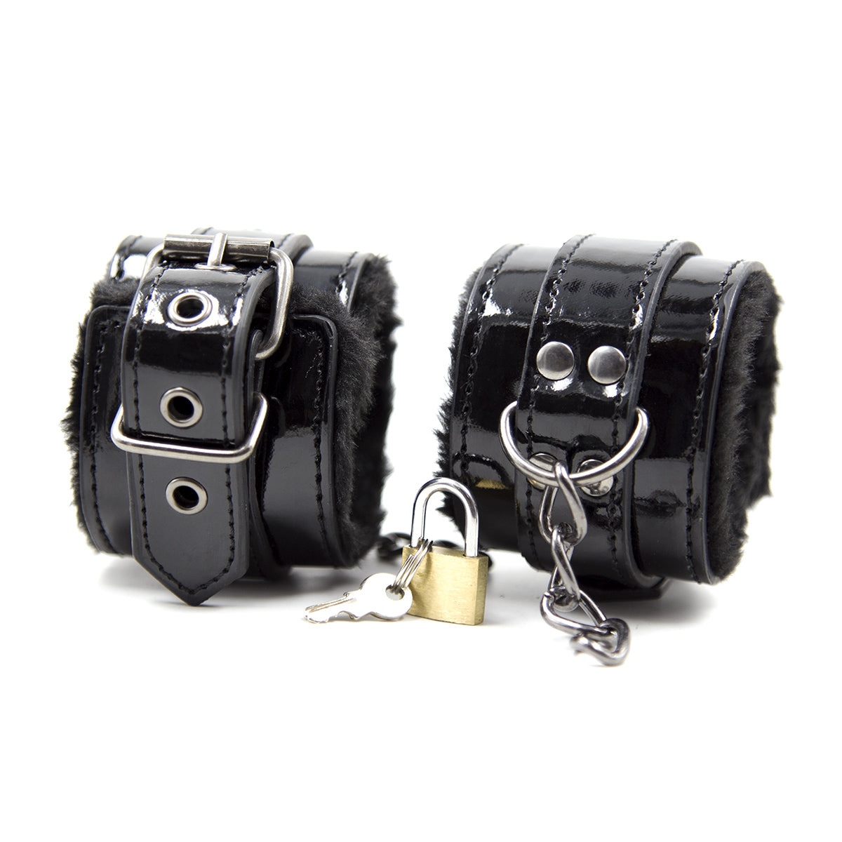 Menottes Noir Mains Intérieur Fourrure - Vue Complète - Be Bondage