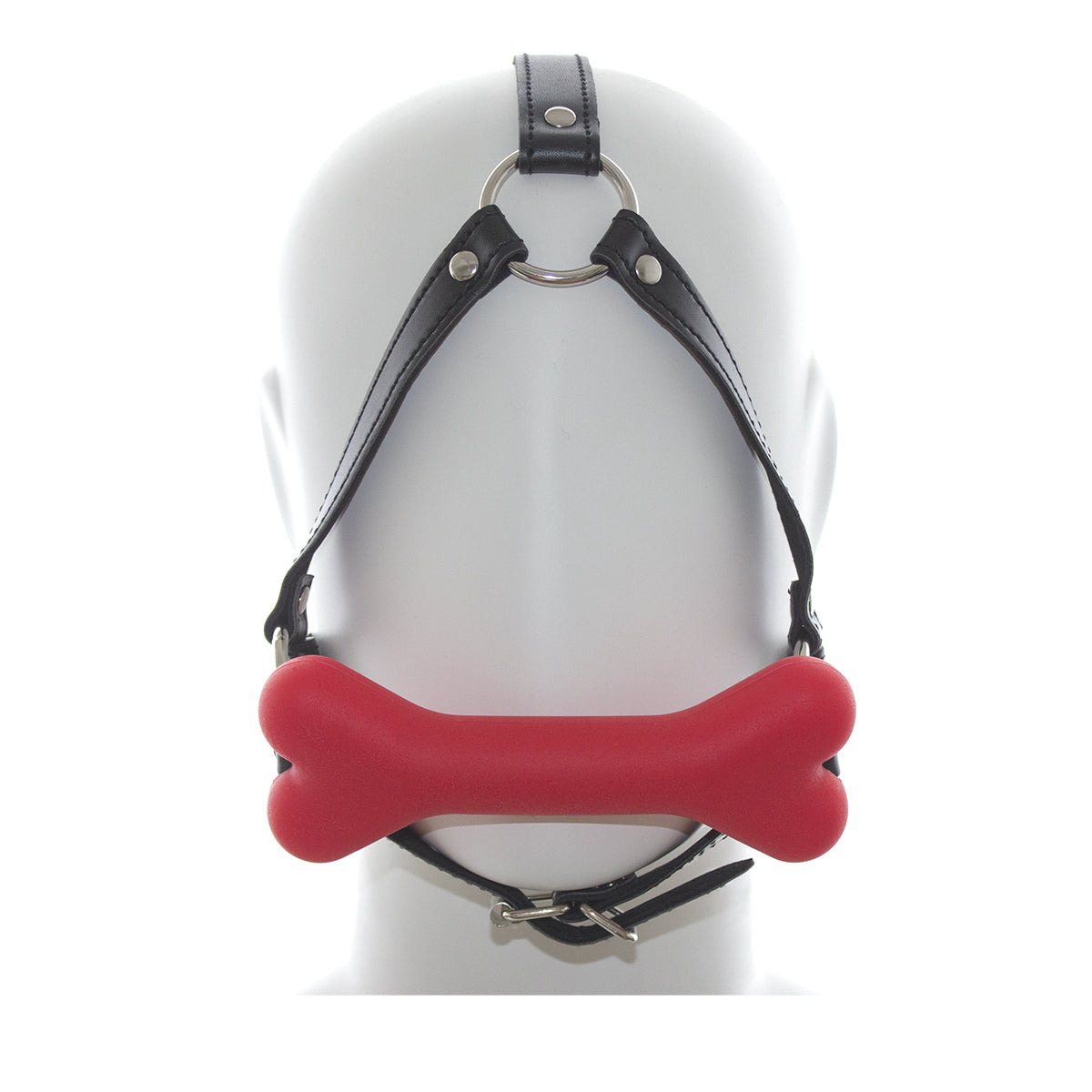 Bâillon Chien Sangles Cuir Noir et Os Rouge - Vue Face - Be Bondage
