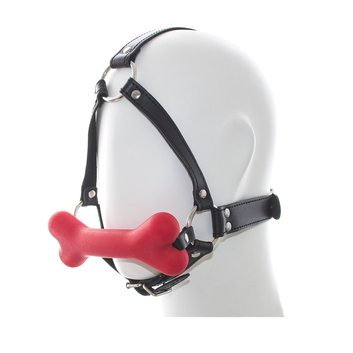 Bâillon Chien Sangles Cuir Noir et Os Rouge - Vue Latérale Gauche - Be Bondage