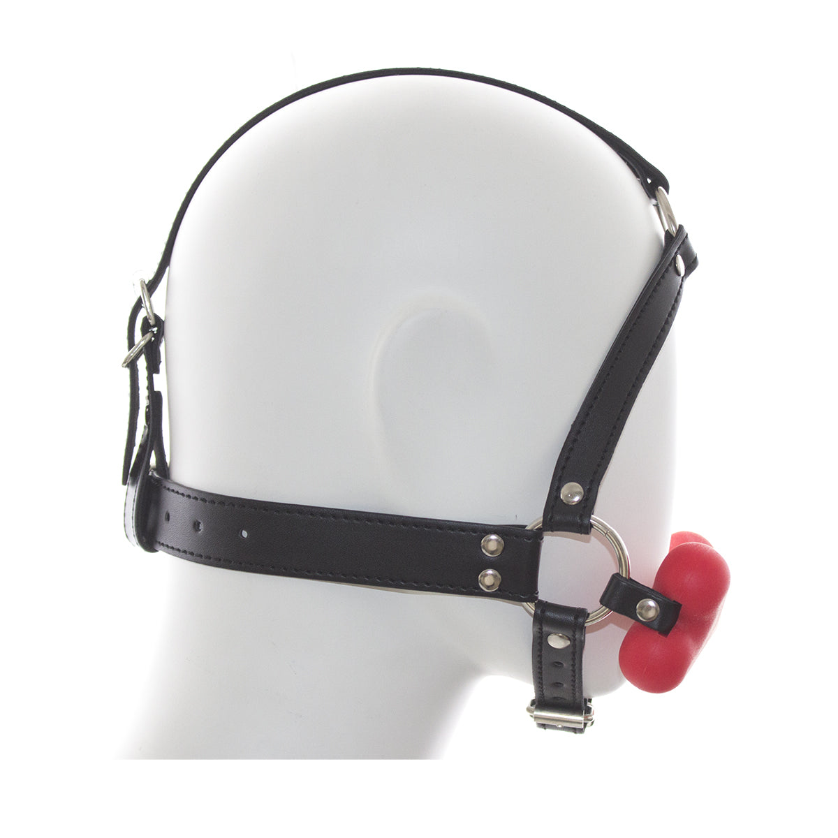 Bâillon Chien Sangles Cuir Noir et Os Rouge - Vue Profil - Be Bondage