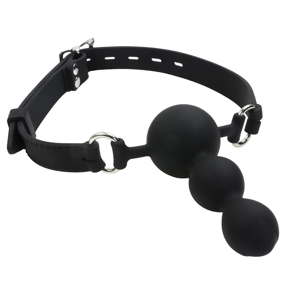 Bâillon Plug 3 Boules Noir Silicone - Vue Complète Trois-Quarts - Be Bondage