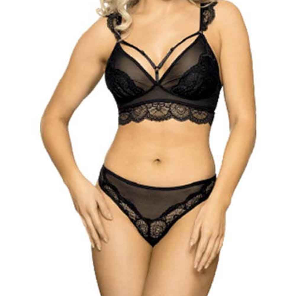 ensemble vahine sensual lingerie - harnais shorty en dentelle et voile noir- ouvert sur les fesses et effet corset - vue de face