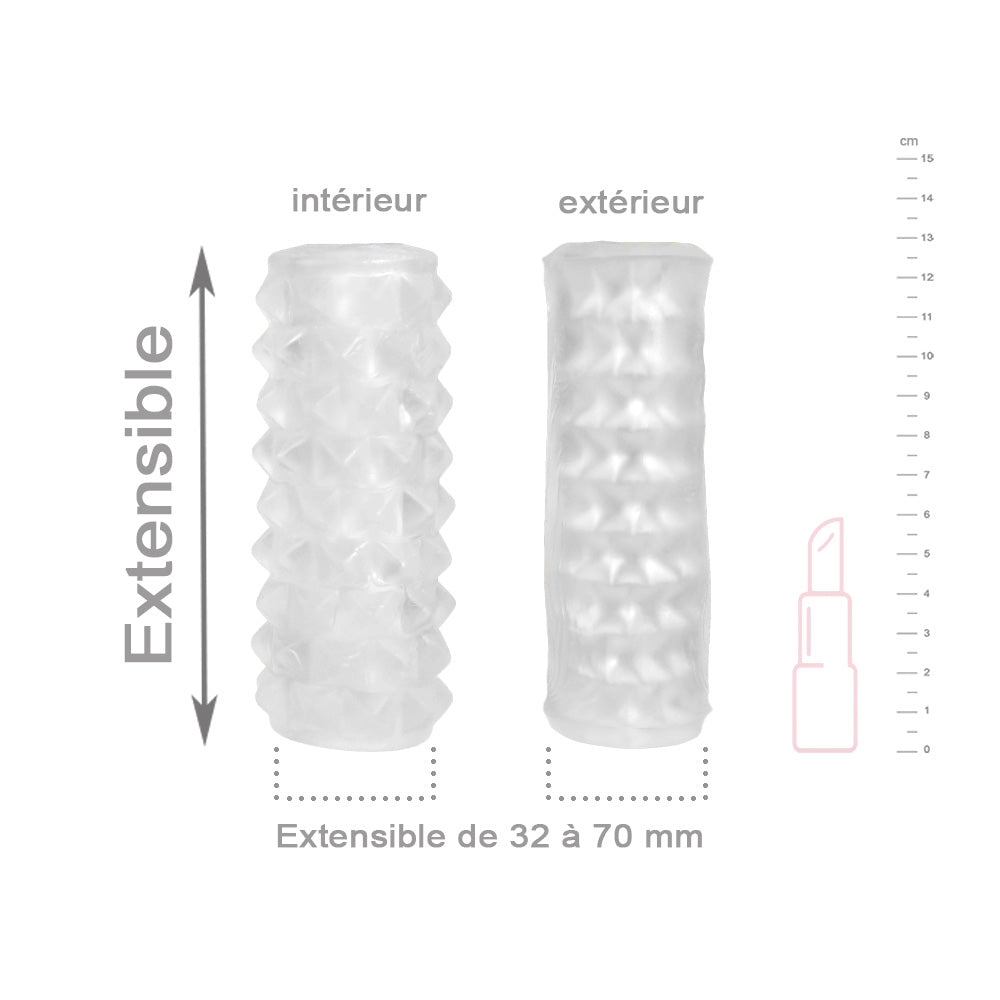 Gaine de masturbation extensible et réversible avec un côté relief géométrique et un côté lisse
