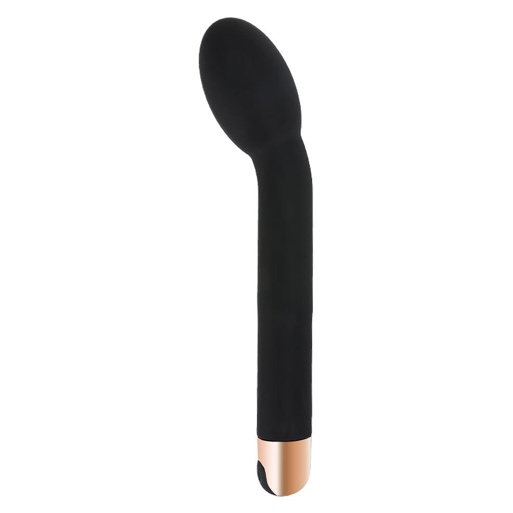 MALICE, stimulateur clitoridien et point G recourbé noir et doré vu de profil